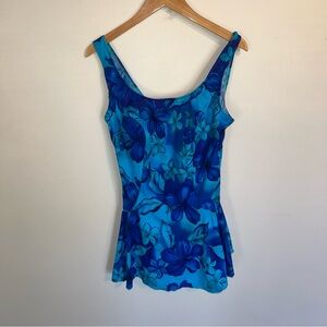 Le Cove Floral Swim Dress Size 18 2X Padded Built in Bra Blue